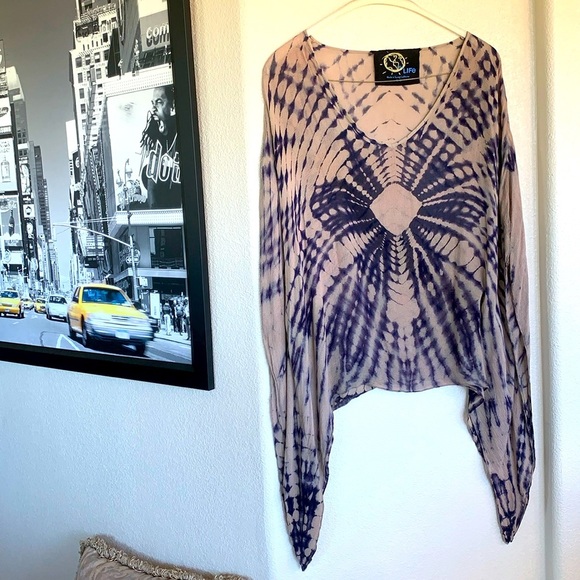 BLUE LIFE tan with navy gauze, tie dye tunic coverup, oversized fit XS/S EUC - Picture 1 of 13